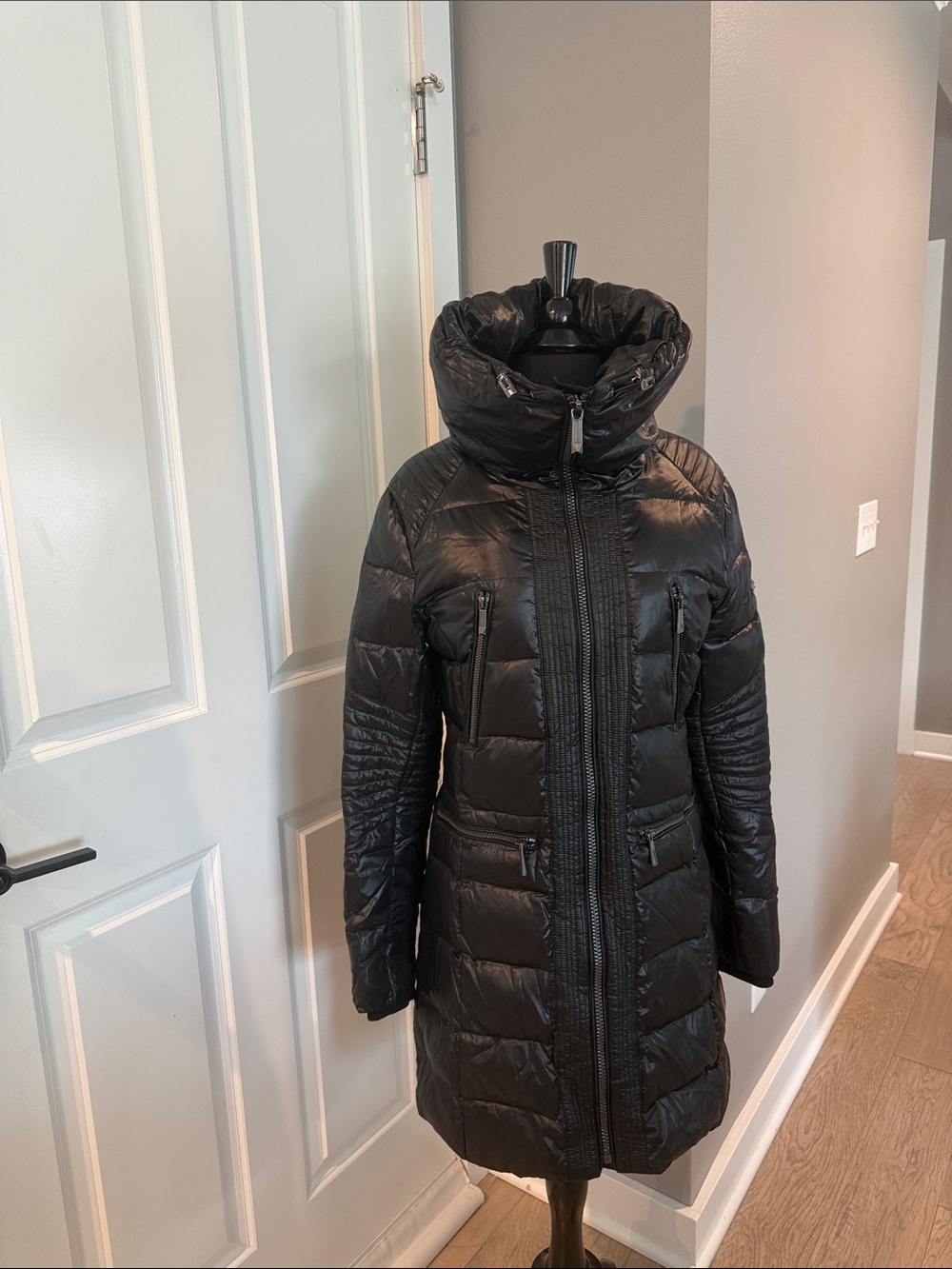 BCBG Women’s Black Puffer Coat with High Collar